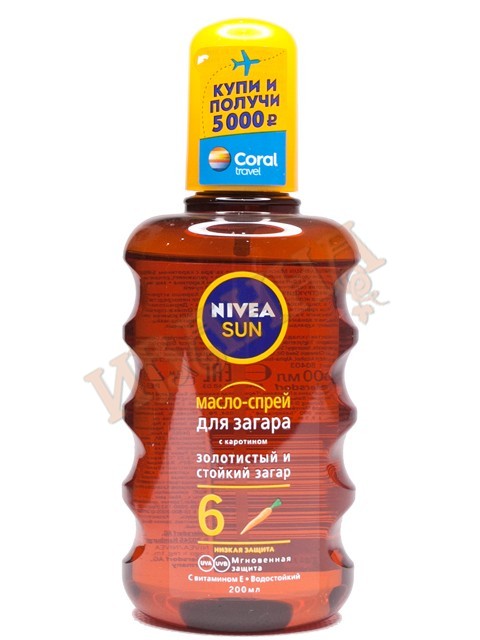 Увлажняющее масло-спрей для загара c каротином СЗФ 6 200мл/12 (NIVEA Sun)